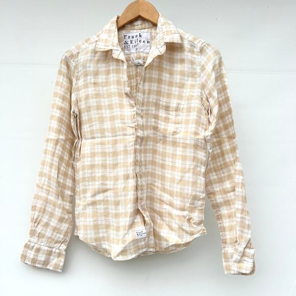 Frank & Eileen Barry Woven Linen Button Up Sand Plaid XS Tan Shirt Button Down - Picture 3 of 8